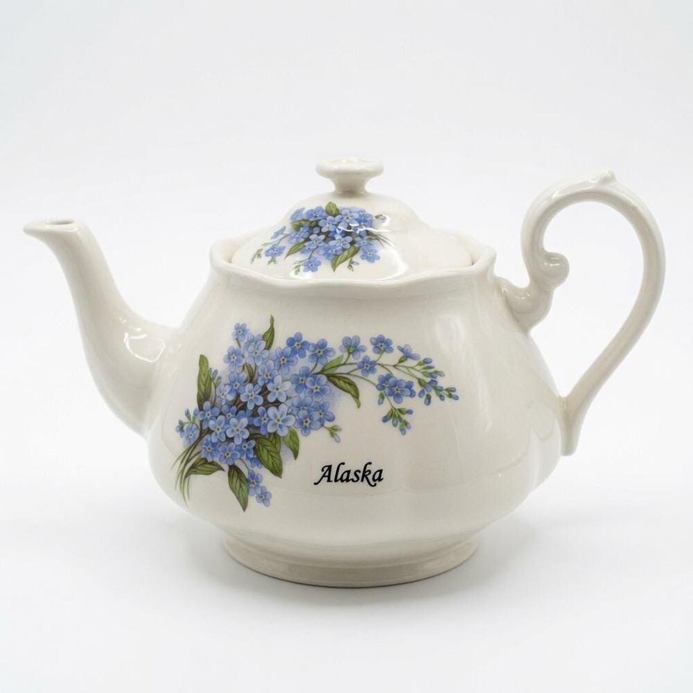 Vintage Forever Alaska Teapot | Forget-Me-Not, Heart Handle, Souvenir Ceramic